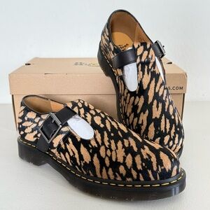 NEW DR MARTENS Genuine Calf Hair Black Camel T-Bar Shoe EU 45 US M 11 W 12